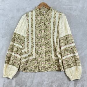 Eze Sur Mer Anthropologie Yvonne Lace Ikate Blouse Size L Ruffle Neck Boho Folk